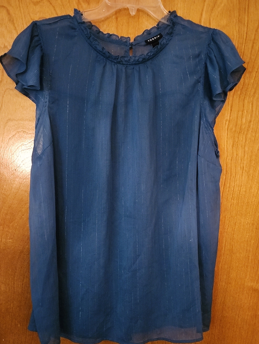Torrid Teal Ruffle Neck Sheer Metallic-Striped Flutter Sleeve Blouse
